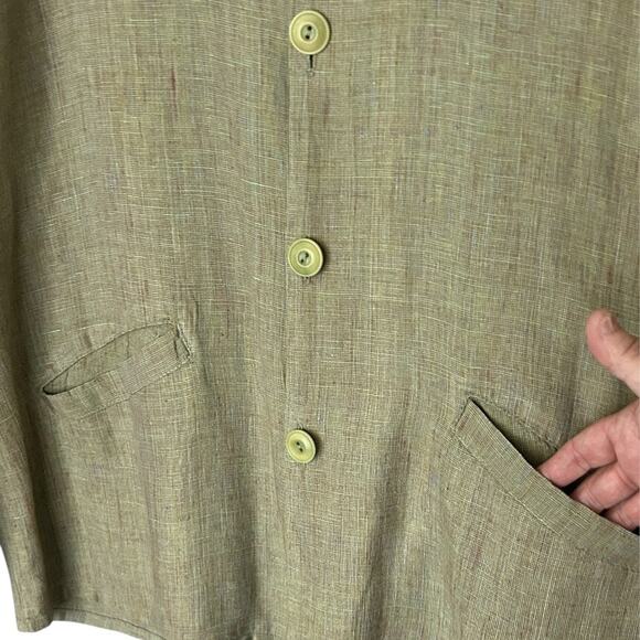 FLAX by Jeanne Englehart Jacket Blouse Womens M Tan Green Lagenlook Button-Front - Picture 4 of 6